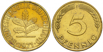 ФРГ 5 ПФЕННИГОВ 1971 F KM 107, J. 382 сталь плакированная латунью 4532-1169