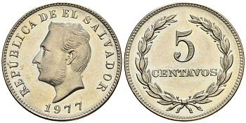 Сальвадор 5 сентаво 1977 год тип, Франсиско Морасан KM 149 b, Schoen 21b никель сталь 4118-121