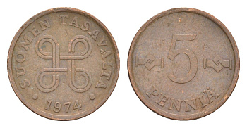 Финляндия 5 пенни 1974 KM 45 медь 4647-265
