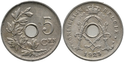 БЕЛЬГИЯ 5 САНТИМОВ 1923 BELGIE KM 67 медно-никель 76-121