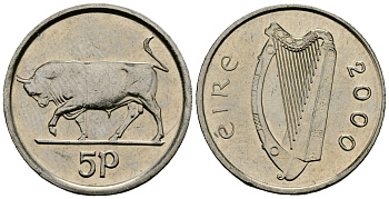 Ирландия 5 пенсов 2000 бык KM 28 медно-никель 4136-928