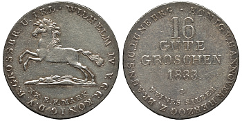 Брауншвейг-Каленберг-Ганновер 16 гутергрошенов 1833 A, Вильгельм IV (1830-1837) J. 33, AKS 66, Kahnt 212 серебро  aUNC  11-119-56