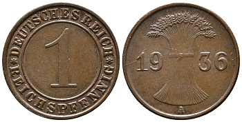 ГЕРМАНИЯ 1 РЕЙХСПФЕННИГ 1936 A KM 37, J. 313 бронза 39-1122