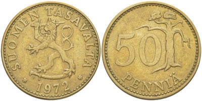 ФИНЛЯНДИЯ 50 ПЕННИ 1972 S KM 48 алюминиевая бронза 3457-927