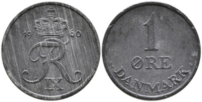 Дания 1 эре 1960 С; S, Фредерик IX (1947-1972) KM 839.2 цинк 100-659