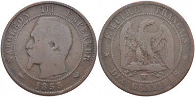 Франция 10 сантимов 1855 W, Наполеон III (1852-1870) KM 771.7, Le Franc 133.30 бронза 114-724