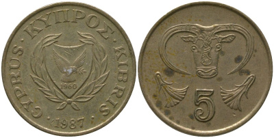 Кипр 5 центов 1987 KM 55.2 никель латунь 4158-545