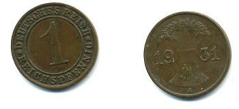 Германия 1 рейхспфенниг 1931 A KM 37, J. 313 бронза 46-928