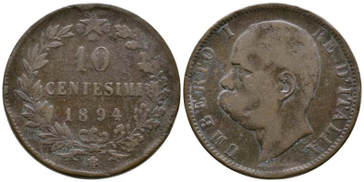 Италия 10 чентезимо 1894 B/I, Умберто I (1878-1900) KM 27.1 медь 73-732