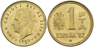 Испания 1 песета 1980 (81) чемпионат мира по футболу 1982 года в Испании, Хуан Карлос I (1975 - 2014) KM 816 алюминиевая бронза 4604-257