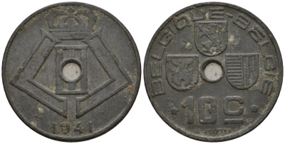 Бельгия 10 сантимов 1941 Belgique - Belgie KM 125 цинк 44-1149