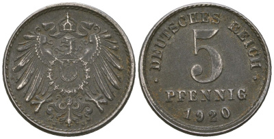Германия 5 пфеннигов 1920 J KM 19, AKS 17, J 297, Schon DM 20, Neum 33 железо 4588-544