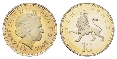 Великобритания 10 пенсов 2000 Елизавета II (1952-2022), тираж 15.000 экземпляров KM 989a, Spink F5 серебро PROOF 1095-9-42