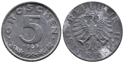 АВСТРИЯ 5 ГРОШЕЙ 1968 KM 2875 цинк 57-1128