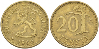 ФИНЛЯНДИЯ 20 ПЕННИ 1966 S KM 47 алюминиевая бронза 3718-1217