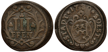 Соест 3 пфеннига 1730 KM 27 медь 413-2732
