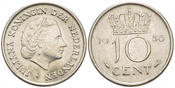 НИДЕРЛАНДЫ 10 ЦЕНТОВ 1956 ЮЛИАНА KM 182 никель 4547-827