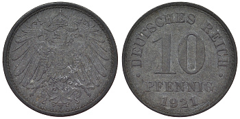 Германия 10 пфеннигов 1921 KM 26, J. 299, Weege 8 цинк 4119-1127