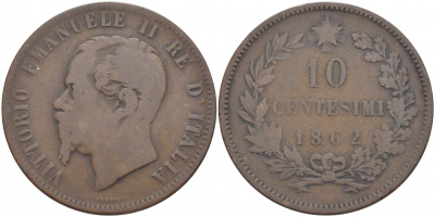 ИТАЛИЯ 10 ЧЕНТЕЗИМО 1862 ВИКТОР ИМАНУИЛ II KM 11.2 медь 51-1436