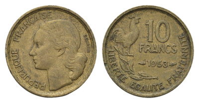 Франция 10 франков 1953 петух KM 915 алюминиевая бронза 4673-1157