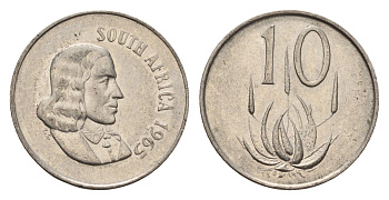 ЮАР 10 центов 1965 Ян ван Рибек (1619-1677), South Africa, легенда на африкаанс, цветок алоэ KM 68.1 никель 4687-325