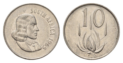 ЮАР 10 центов 1965 Ян ван Рибек (1619-1677), South Africa, легенда на африкаанс, цветок алоэ KM 68.1 никель 4687-325