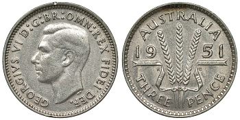 Австралия 3 пенса 1951 m, Георг VI (1937-1952), без букв KM 44 серебро 71-336