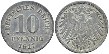 ГЕРМАНИЯ 10 ПФЕННИГОВ 1917 KM 26, J. 299 цинк 4395-1237