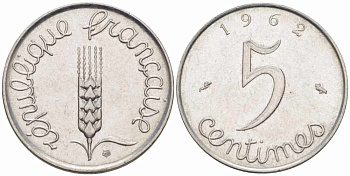 ФРАНЦИЯ 5 САНТИМОВ 1962 ПЯТАЯ РЕСПУБЛИКА KM 927, LE FRANC 124.4 хромированная сталь 105-424