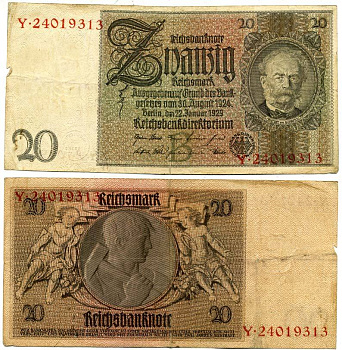 ГЕРМАНИЯ 20 РЕЙХСМАРОК 1929 Pick 181a бумага 3295-76-2