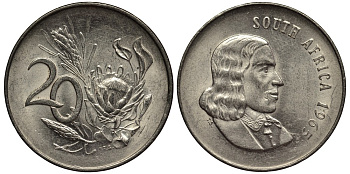 ЮАР 20 ЦЕНТОВ 1965 SOUTH AFRICA, ЯН ВАН РИБЕК (1619-1677), ГОЛЛАНДСКИЙ ИССЛЕДОВАТЕЛЬ , МОРЕПЛАВАТЕЛЬ, ОСНОВАТЕЛЬ Г. КЕЙПТАУНА, ЦВЕТОК ПРОТЕЯ KM 69.1 никель 4539-236