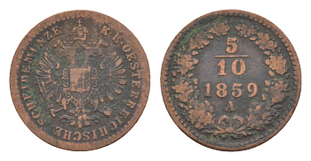 Австрия 5/10 крейцера 1859 A, Франц Иосиф I (1848-1916) KM 2182 медь 4639-148