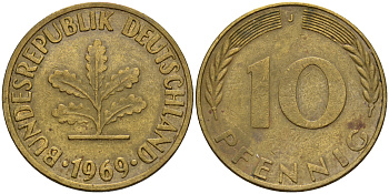 ФРГ 10 пфеннигов 1969 J KM 108, J. 383 сталь плакированная латунью    4601-1226