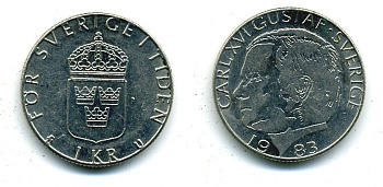 Швеция 1 крона 1983 Карл XVI Густав (1973- ) KM 852a медно-никель 37-911