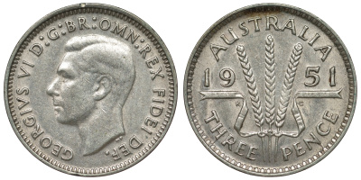 Австралия 3 пенса 1951 m, Георг VI (1937-1952), без букв KM 44 серебро 71-336