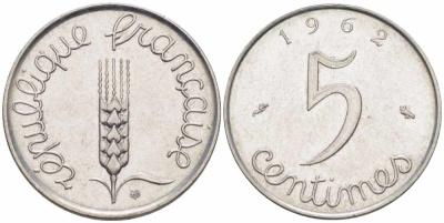 ФРАНЦИЯ 5 САНТИМОВ 1962 ПЯТАЯ РЕСПУБЛИКА KM 927, LE FRANC 124.4 хромированная сталь 105-424