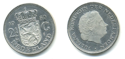 Нидерланды 2 1/2 гульдена 1980 Юлиана (1948-1980) KM 191 никель UNC 84-1324