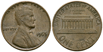 США 1 цент 1965 Линкольн KM 201 медь цинк 4136-124