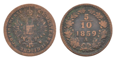 Австрия 5/10 крейцера 1859 A, Франц Иосиф I (1848-1916) KM 2182 медь 4639-148