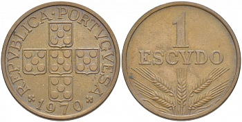 Португалия 1 эскудо 1970 KM 597 бронза 77-822
