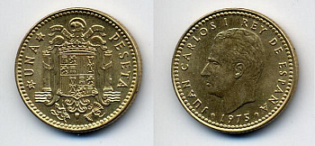 Испания 1 песета 1975 (79) Хуан Карлос I (1975-2014) KM 806 алюминиевая бронза 54-1736