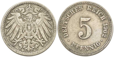 ГЕРМАНИЯ 5 ПФЕННИГОВ 1902 А KM 11, J. 12 медно-никель 206-1213