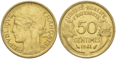 ФРАНЦИЯ 50 САНТИМОВ 1941 ТИП MORLON KM 894.1, LE FRANC 192.18 алюминиевая бронза 44-453