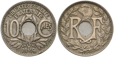 Франция 10 сантимов 1919 KM 866a, Le Franc 138.3 медно-никель 4143-842