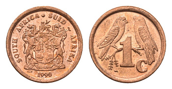 ЮАР 1 цент 1990 герб, капские воробьи KM 132 сталь плакированная медью UNC 4690-1254