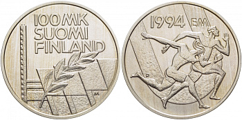 Финляндия 100 марок 1994 стадион дружбы, бег KM 78 серебро UNC 11-090-12
