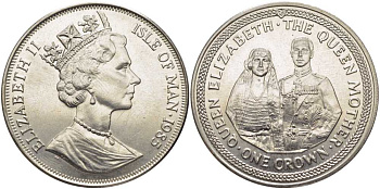 Остров Мэн 1 крона 1985 королева Елизавета (королева-мать), Елизавета и Георг V, свадебный портрет KM 218 медно-никель UNC 107-735