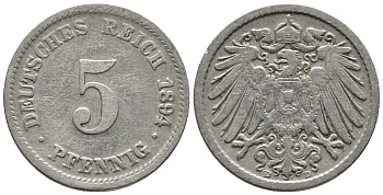 ГЕРМАНИЯ 5 ПФЕННИГОВ 1894 D KM 11, J. 12 медно-никель 39-658