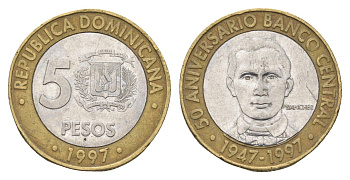 Доминиканская Республика (Доминикана) 5 песо 1997 50 лет Центробанку KM 88 биметалл 4663-923