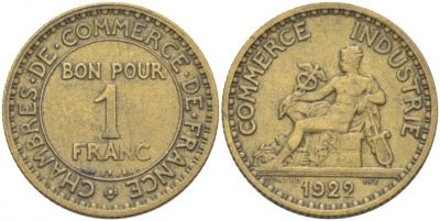 ФРАНЦИЯ 1 ФРАНК 1922 CHAMBRES DE COMMERCE KM 876, LE FRANC 218.4 алюминиевая бронза 4523-154